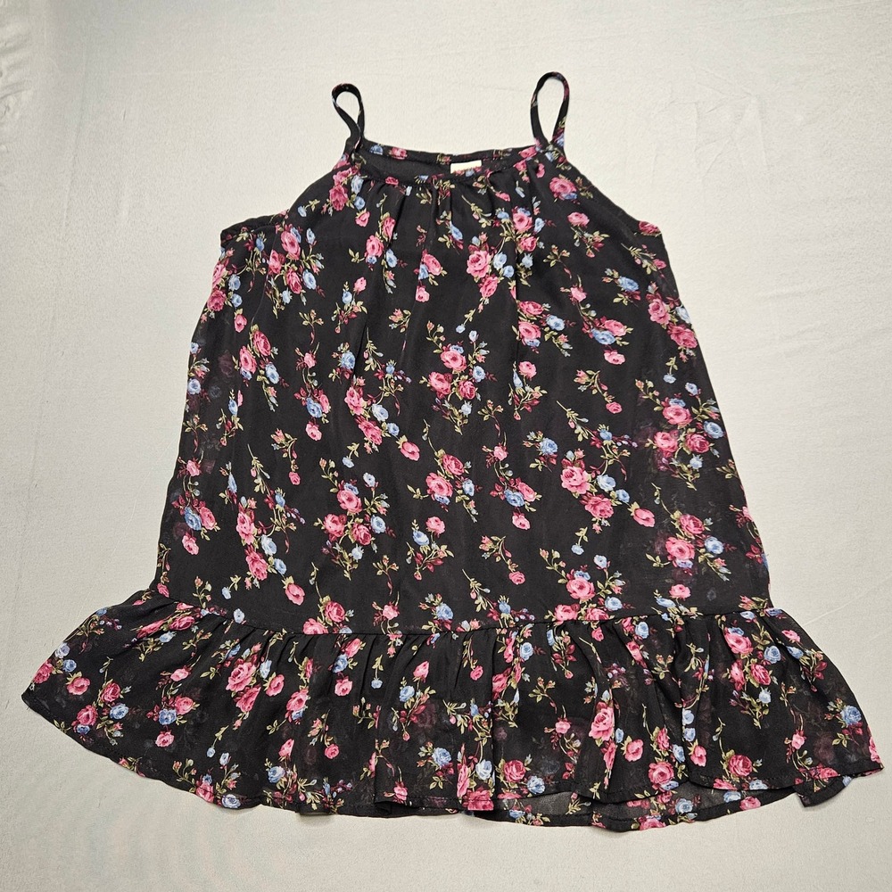 Arizona Jean Co Floral Tank Top Girls S 7/8 Black Ruffle Hem Chiffon Cami